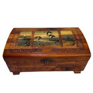 Vintage Carved Cedar Ducks At Sea  Decoupage Carved Lid Footed *see Flaw